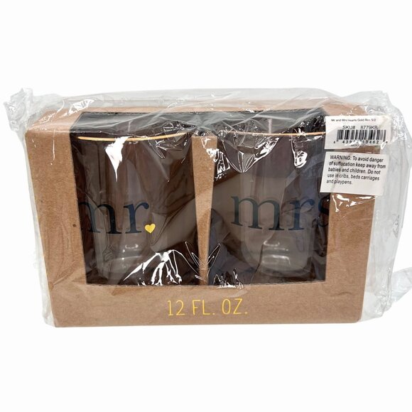 NIB NWT MR & MRS SET OF 2 ROCKS GLASSES METALLIC GOLD HEART WEDDING BRIDAL GIFT - Picture 4 of 7